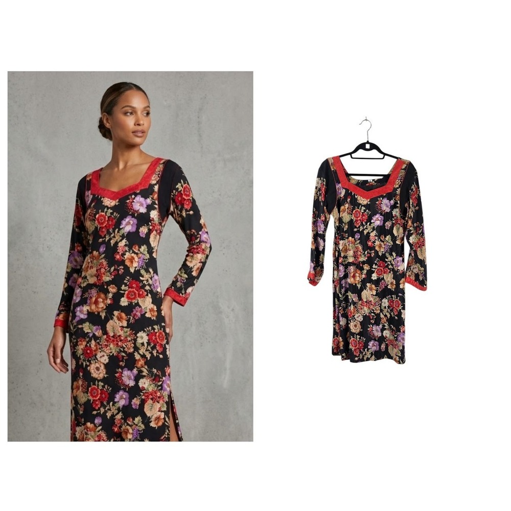 Boutique Silk Floral Dress‎ Womens 38 Black Red Long Sleeve Knee Length Boho